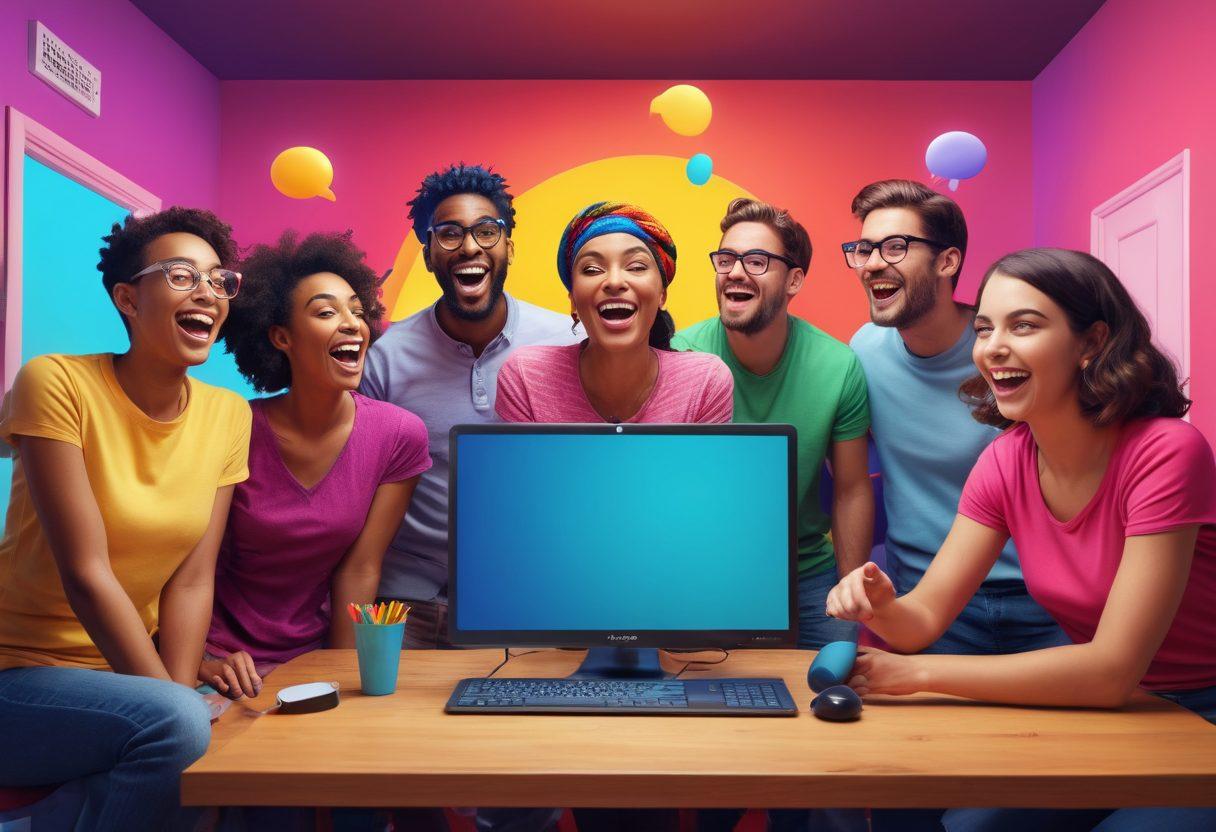 A lively scene depicting diverse adults engaging in webcam interactions, showcasing a vibrant virtual environment. Include a computer screen displaying joyful faces, colorful chat bubbles, and playful emojis swirling around. The background should highlight elements of entertainment, like microphones, VR headsets, and playful lighting that suggest a lively atmosphere. Emphasize warmth and connection, utilizing bright, inviting colors. digital art. vibrant colors. engaging atmosphere.