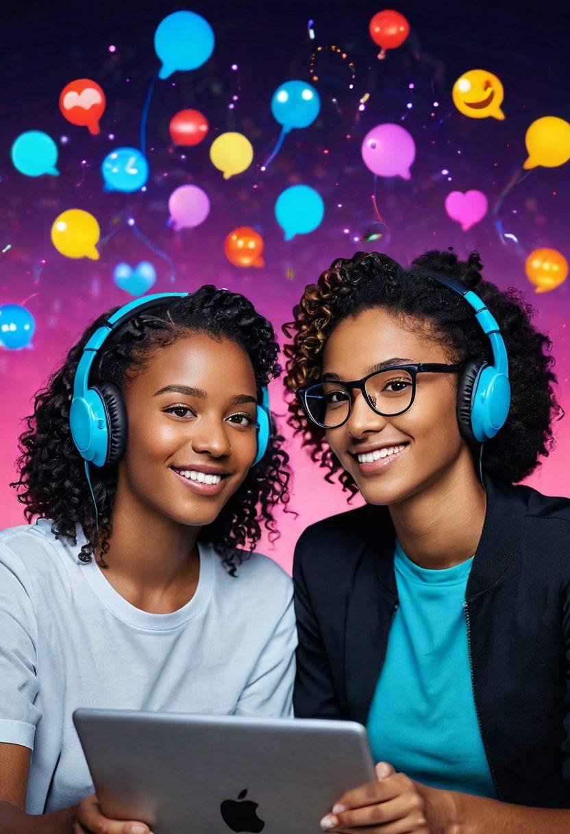 A visually striking scene depicting a modern, intimate digital connection between two individuals engaging in a live stream. Show vibrant screens glowing with colorful emojis and chat bubbles, representing playful conversation and connection. Include elements like headsets, soft lighting, and abstract tech motifs in the background to evoke a sense of pleasure and excitement. The atmosphere should convey intimacy and enjoyment, with a focus on connection. super-realistic. vibrant colors. digital style.