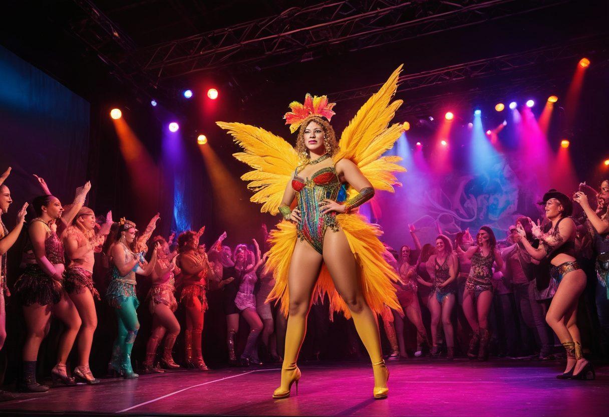 A vibrant and dynamic scene showcasing a live adult show with a diverse audience engaged and enjoying the performance. The stage should feature colorful lights, extravagant costumes, and an enthusiastic performer captivating the crowd. The setting should feel interactive and immersive, highlighting the thrill and excitement of such events. Include elements that convey a sense of community and shared experience. super-realistic. vibrant colors. energetic atmosphere.